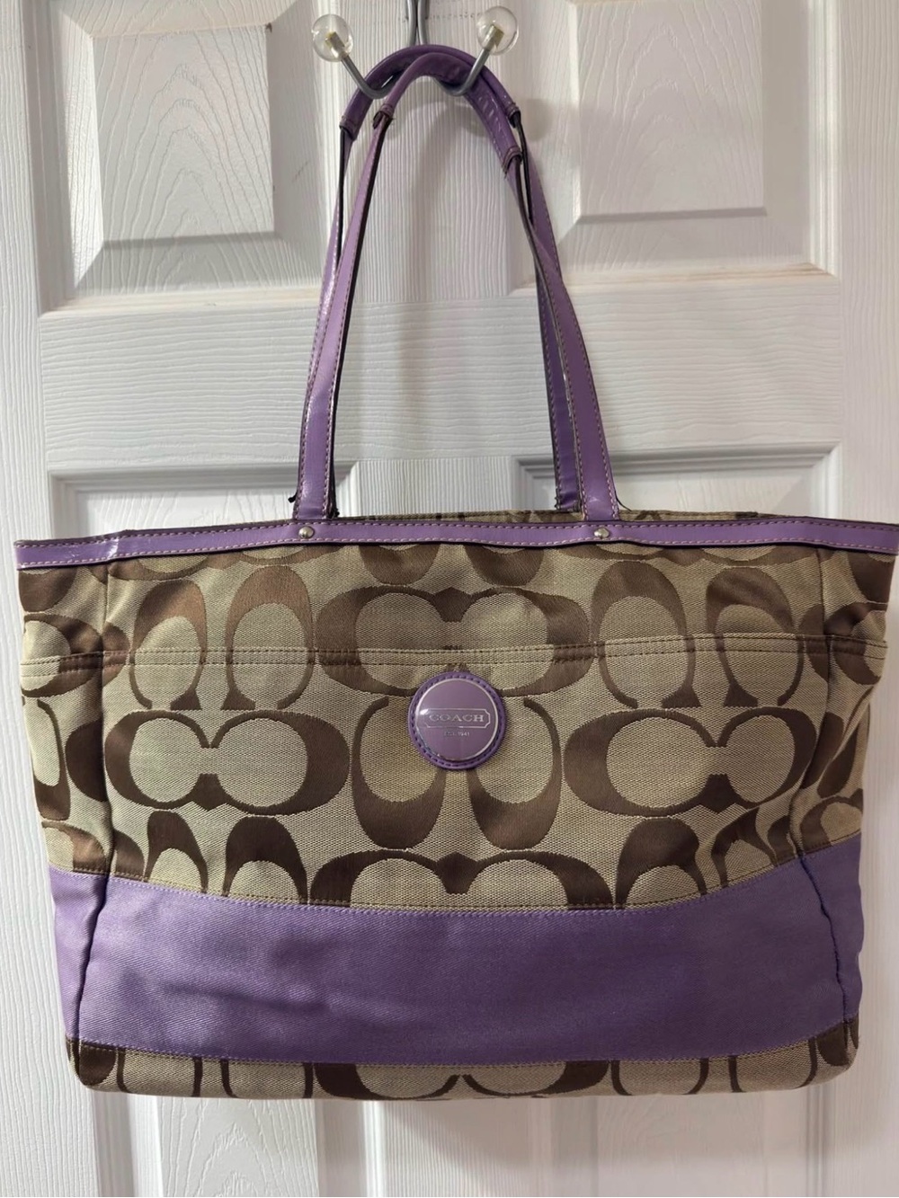 Coach Tan & Lavender Signature Canvas Tote